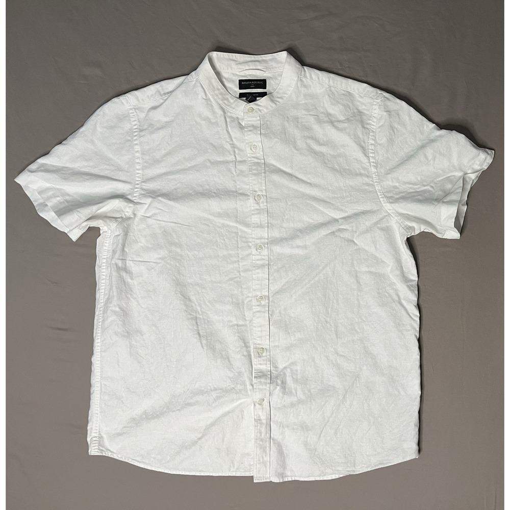 Banana Republic Linen Shirt Men's Size XL Tall White Banded Collar Untucked Fit